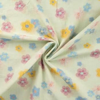 Preview: Musselin mit bunten Blüten auf Lindgrün